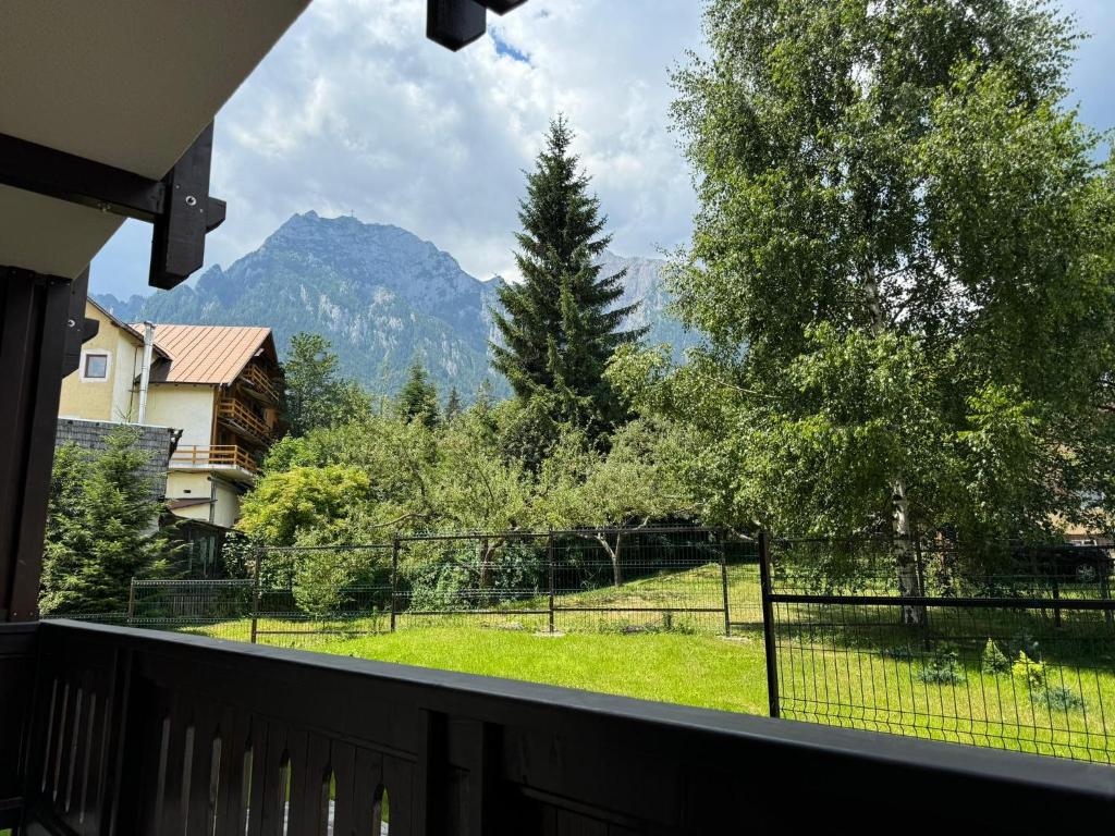einen Balkon mit Blick auf ein Feld und die Berge in der Unterkunft The View Apartment 3 Bușteni in Buşteni