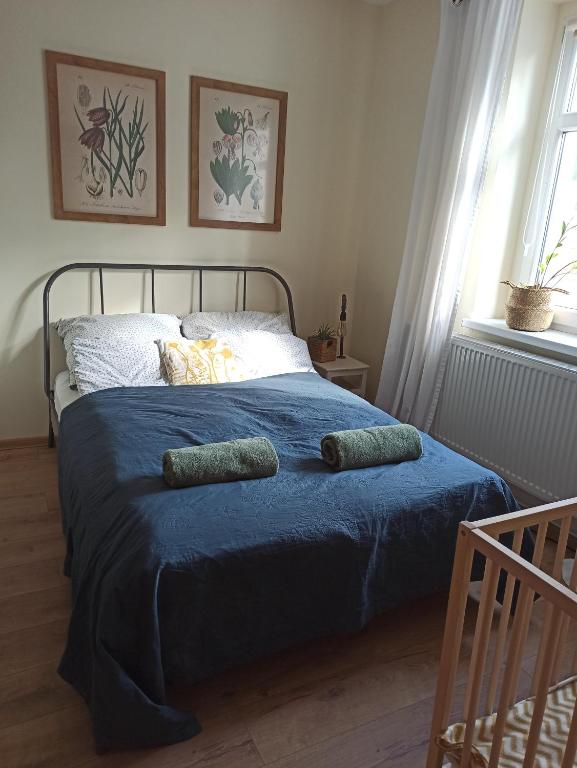 a bedroom with a bed with two pillows on it at Apartament przy Wandy in Zielona Góra