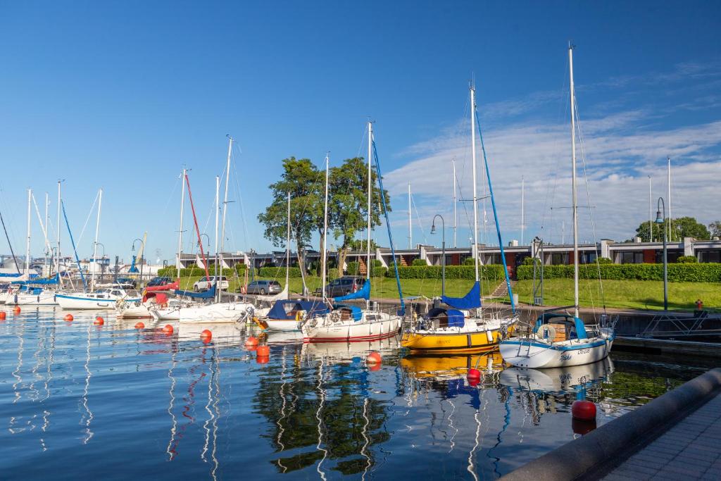 a bunch of boats are docked in the water at Smiltynės Jachtklubas in Klaipėda