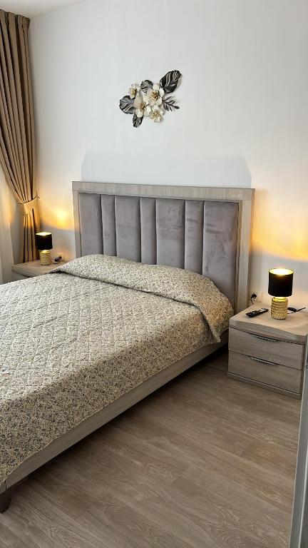 1 dormitorio con 1 cama y 2 mesas con lámparas en Appartamento casa tua, en Oradea