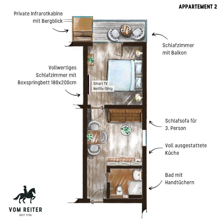 a floor plan of a tiny house with the layout at VOM REITER, Ferienwohnung am Bauernhof mit Bergblick und privater Infrarotkabine, Inklusive Sommercard in Schladming