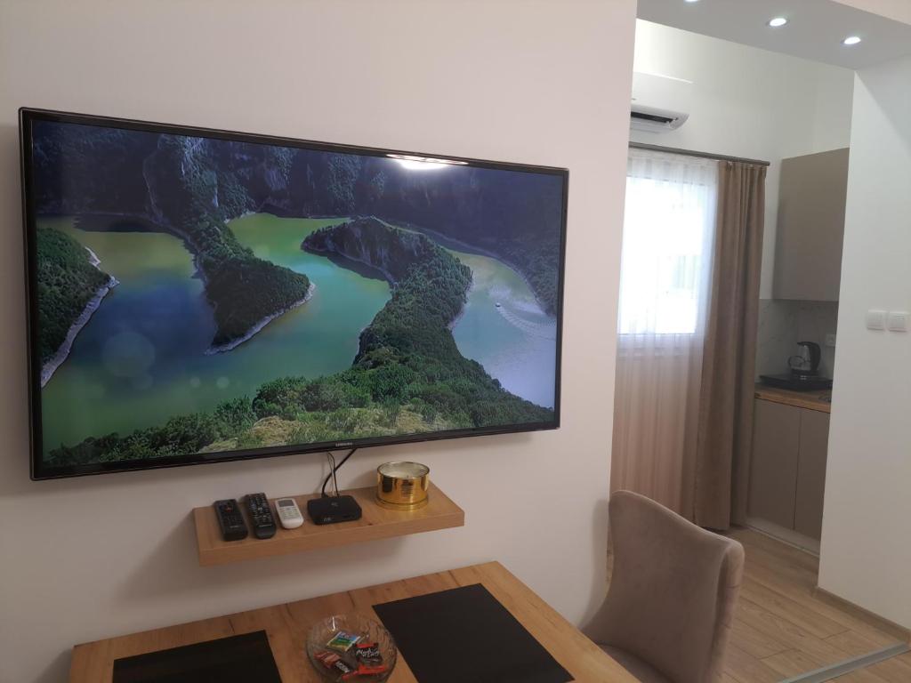 Un televisor de pantalla plana grande colgado en una pared en Xena, en Belgrado