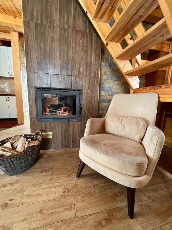a chair in a living room with a fireplace at Brvnare Sekulic in Sekulić 