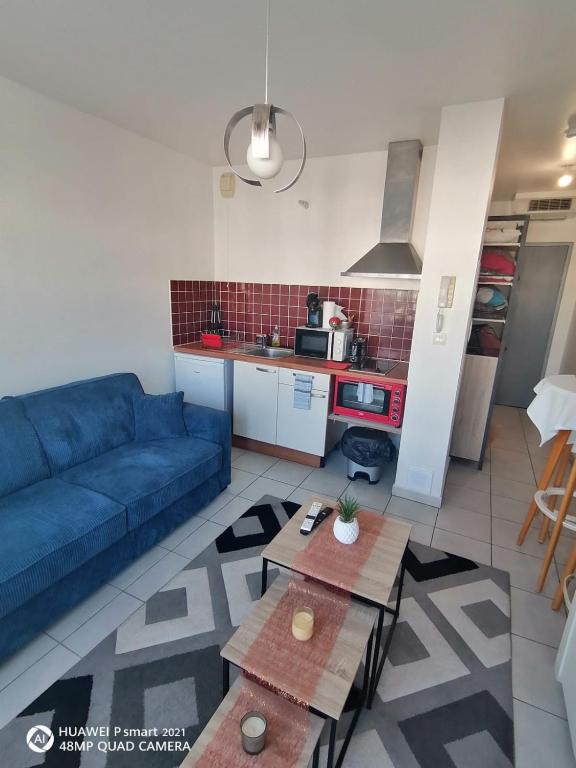 a living room with a blue couch and a kitchen at Superbe studio en bord de mer in Saint-Pierre