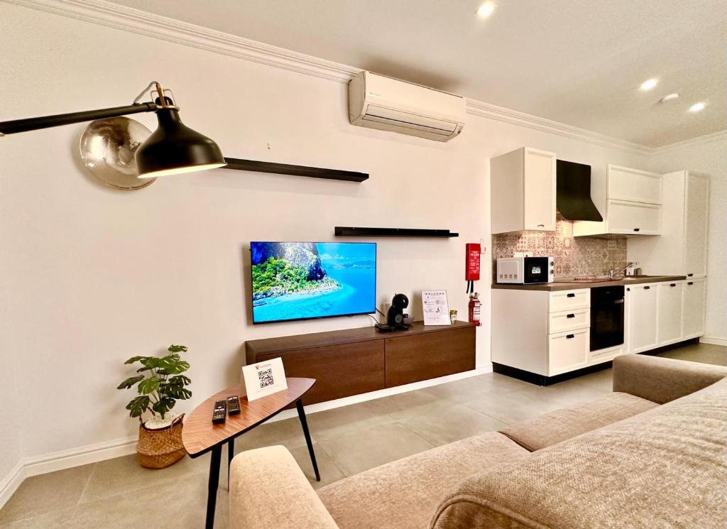 a living room with a couch and a tv on a wall at Charming flat off the sea front in Il-Gżira