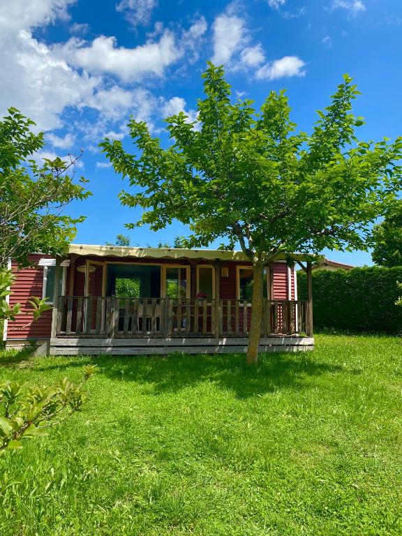 une maison avec un arbre dans la cour dans l'établissement Mobil home 6 personnes piscine parc du Pilat, à Saint-Appolinard
