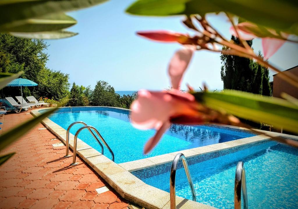 a blue swimming pool with a pink flower in the air at sea view hygge - Quiet residential apartment in Kavarna