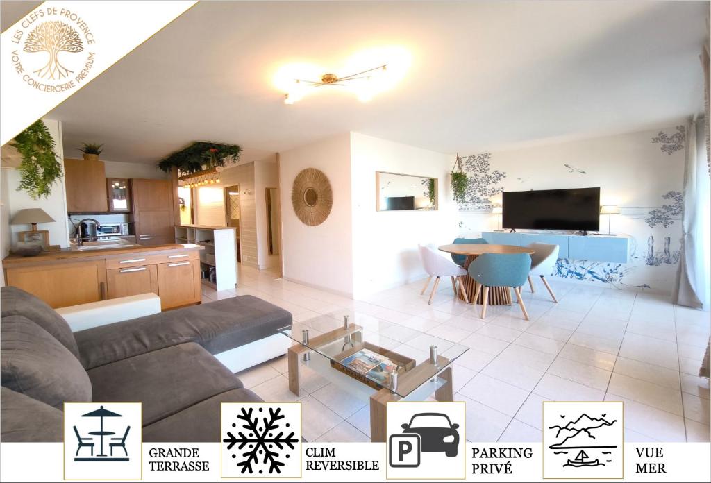un salon avec un canapé et une table dans l'établissement PLEIN SOLEIL - T3 Vue Panoramique et Parking, à Cassis