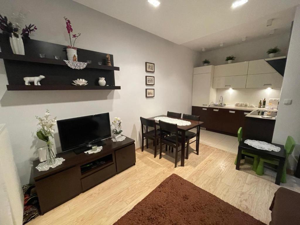 a living room with a television and a dining room at Mieszkanie Serce Natury w Polanicy Zdrój in Polanica-Zdrój