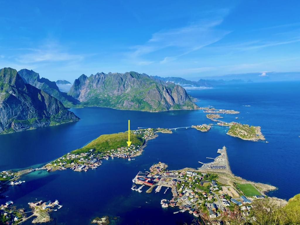 an aerial view of an island in the water at Reine Superior Panorama House in Reine