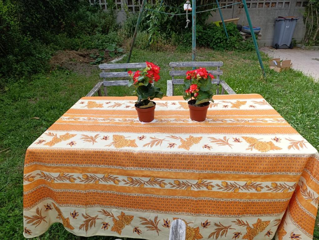 une table avec deux fleurs en pot au-dessus dans l'établissement Villa Seine, à Bezons
