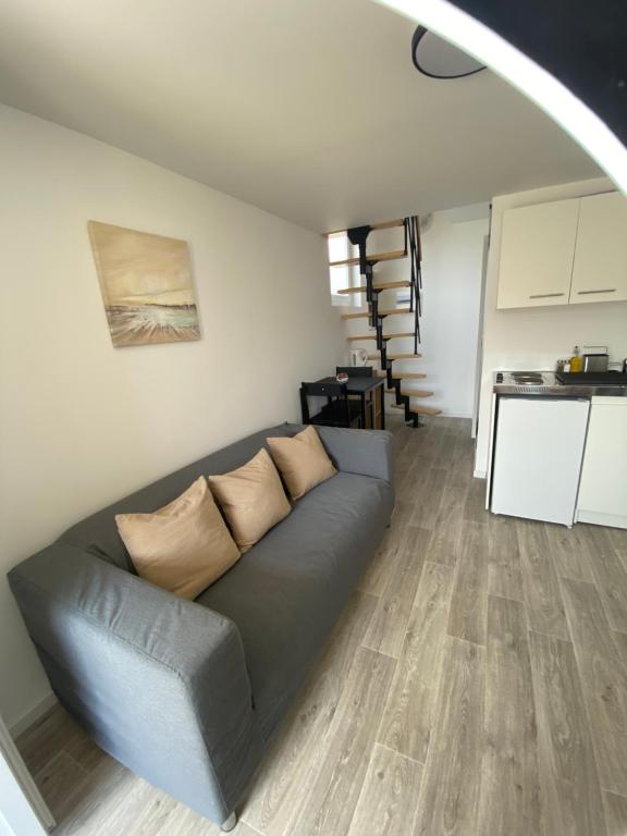 un salon avec un canapé et une cuisine dans l'établissement Le cosy duplex avec jardin à Poitiers, à Poitiers