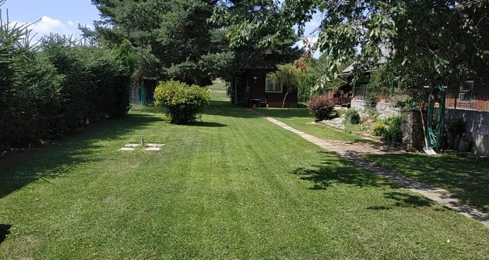 a yard with green grass and a house at Chatka in Partizánska ľupča
