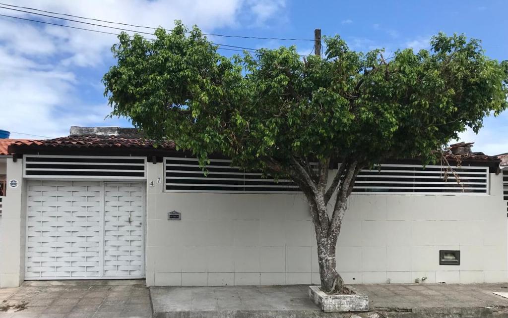 a white garage with a tree in front of it at Linhares hospedagem in João Pessoa