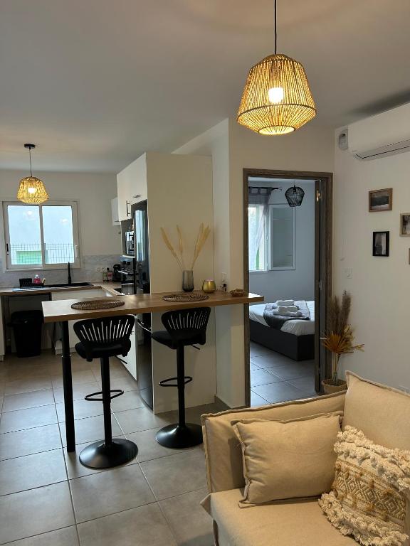 une cuisine et un salon avec une table et un canapé dans l'établissement Appartement T2 Corte, à Corte