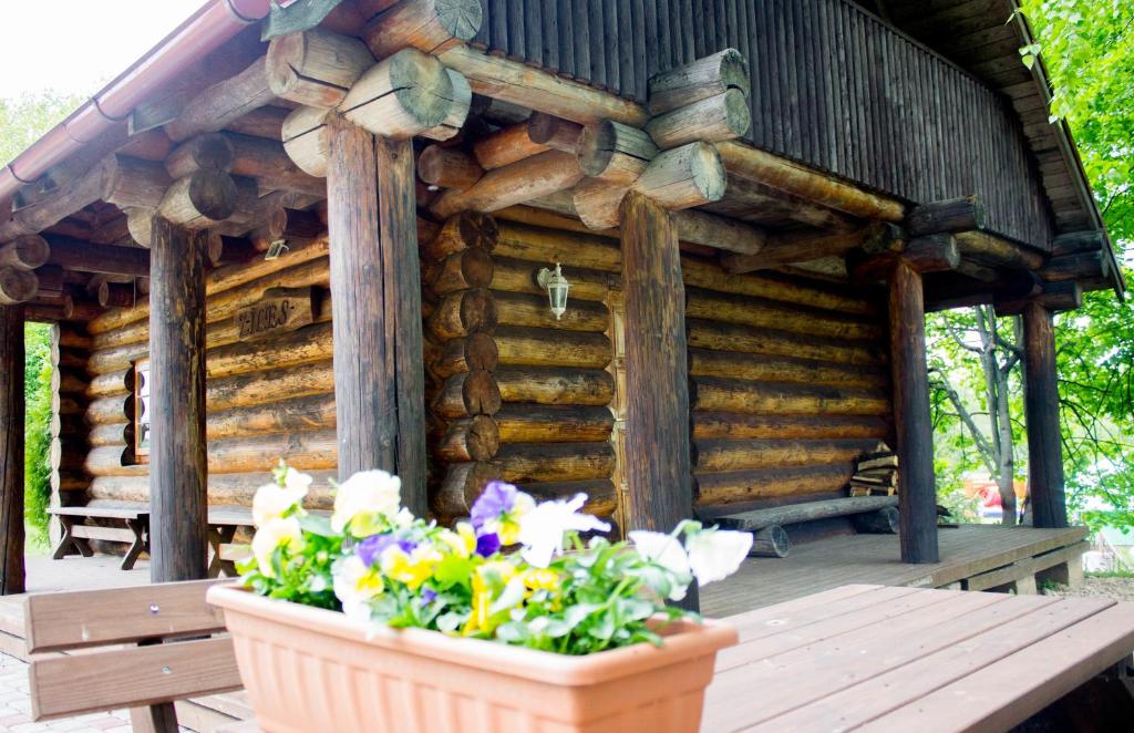 a wooden cabin with a table and flowers in a pot at Leisure Center Turbas in Turkalne