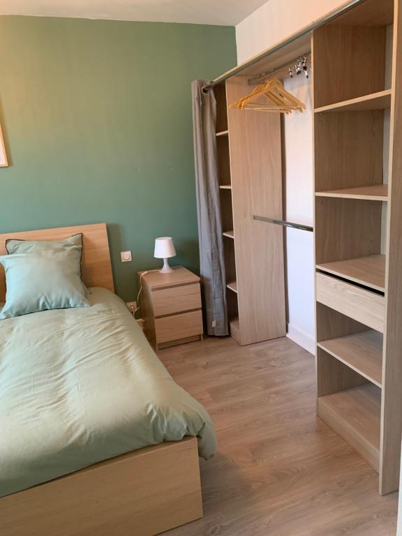 - une chambre avec un lit et un placard dans l'établissement Maison proche de la Cité avec jardin, à Carcassonne