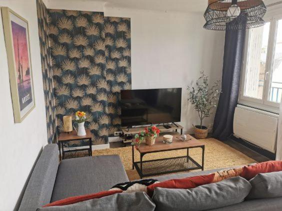un salon avec un canapé et une télévision à écran plat dans l'établissement Charmant T3 entre port et centre-ville, proximité gare, à Brest