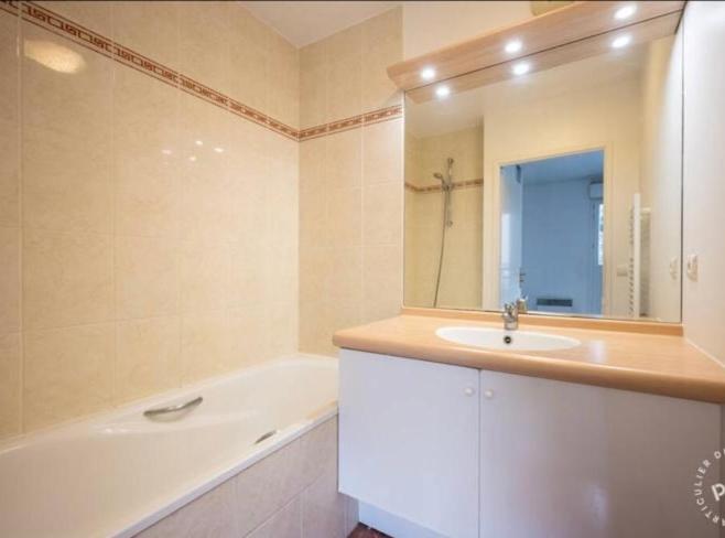 une salle de bain avec un lavabo, une baignoire et un miroir dans l'établissement Break à deux pas de paris, à Puteaux