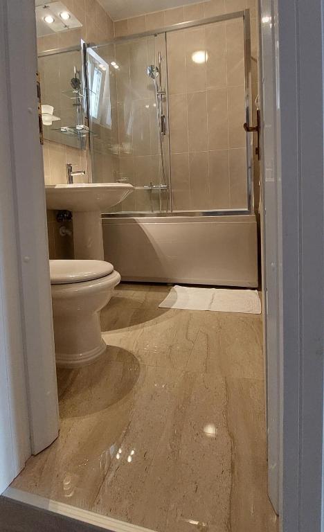 a bathroom with a toilet and a sink and a shower at Apartments Danilo Kažanegra in Sveti Stefan