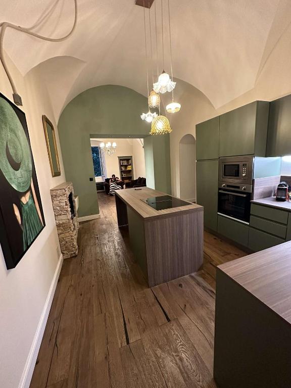 une grande cuisine avec des placards verts et un comptoir dans l'établissement Une nuit sous la voute, à Bastia