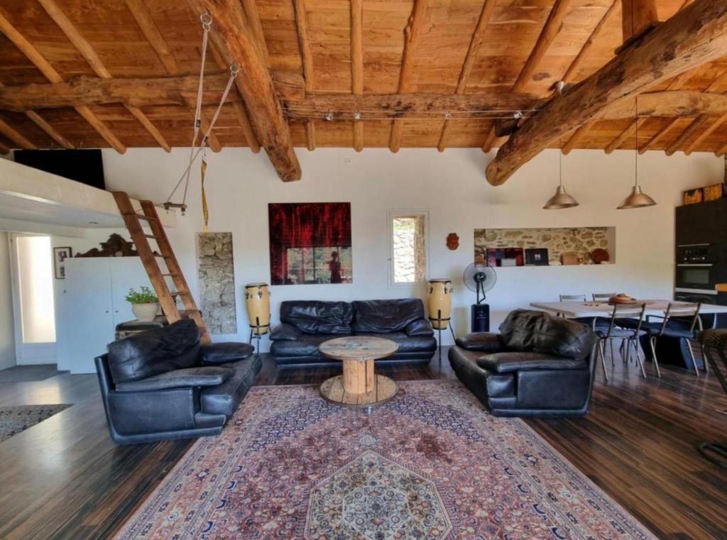 a living room with leather furniture and a table at Mas Montet Chez Raphael in La Valette