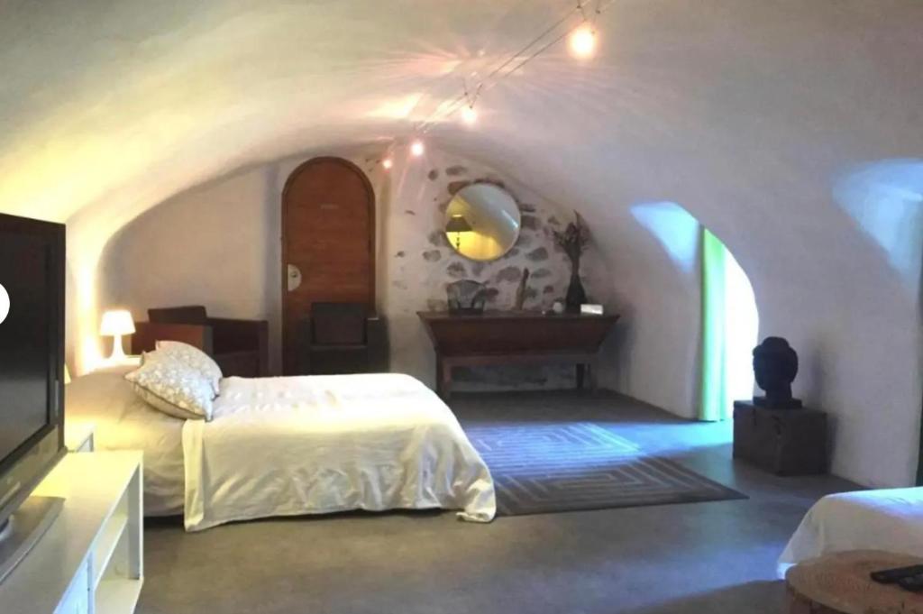 - une chambre avec un lit, un miroir et un piano dans l'établissement Mas La Rainette Chez Raphael, à La Valette