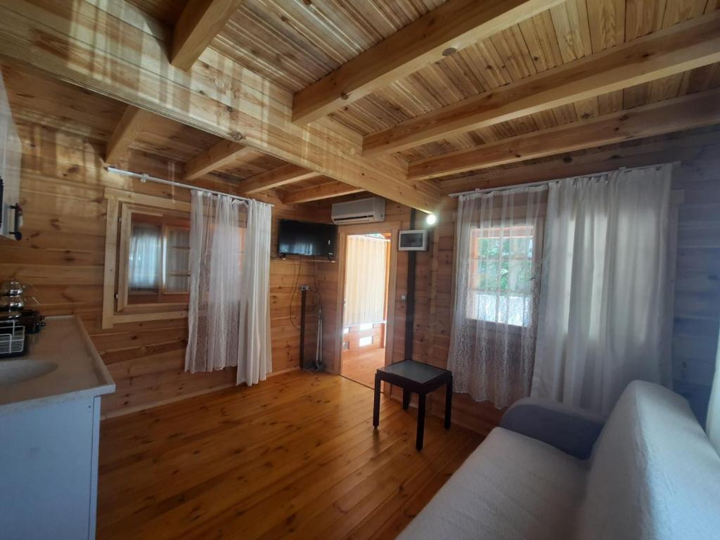 a living room with a couch and a wooden ceiling at Adrasan Eren Apart evleri in Adrasan