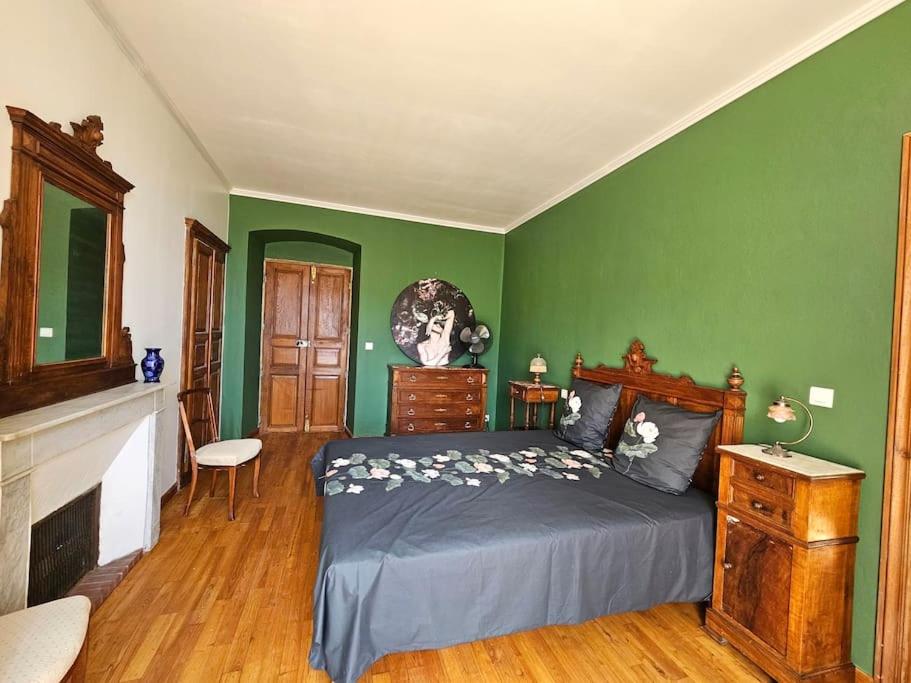 a bedroom with green walls and a bed and a fireplace at Maison d Americain a Figarella au Cap Corse in Santa-Maria-di-Lota