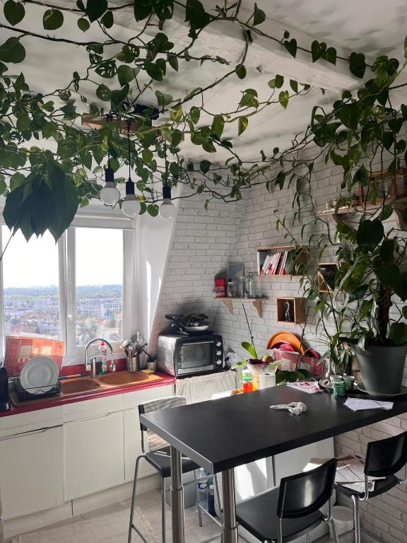 une cuisine avec une table et des chaises ainsi qu'une fenêtre dans l'établissement Beau studio à Fontenay sous bois, à Fontenay-sous-Bois