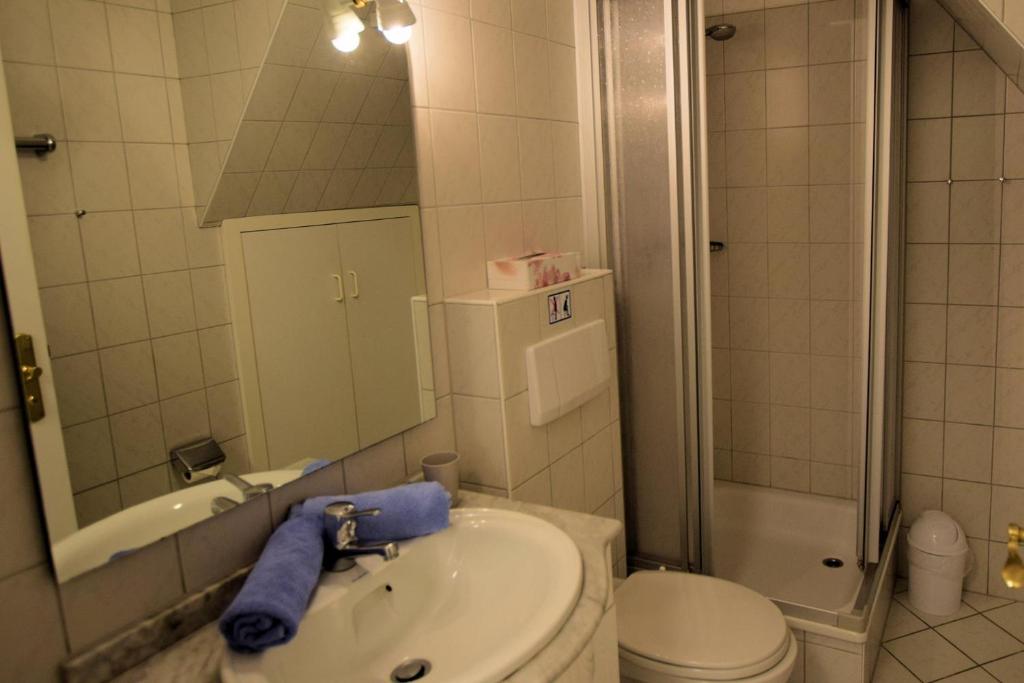 a bathroom with a sink and a toilet and a shower at Thora Jaiken Hüs Thora Jaiken, Apart Birthe in Rantum