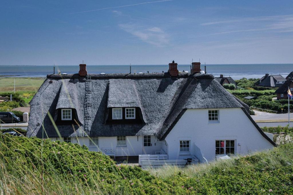 a house with a thatched roof on top of a hill at Wattblick Haus Wattblick "Wattglück" in Rantum