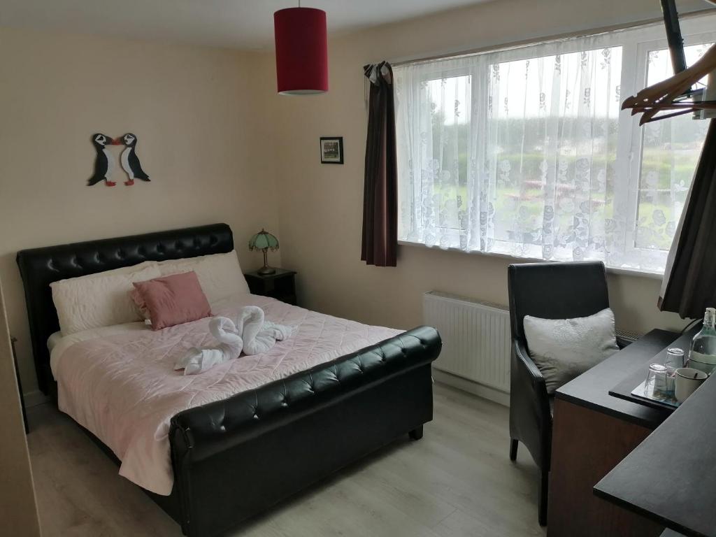 a bedroom with a black leather bed and a desk at Puffin rooms in Lisdoonvarna