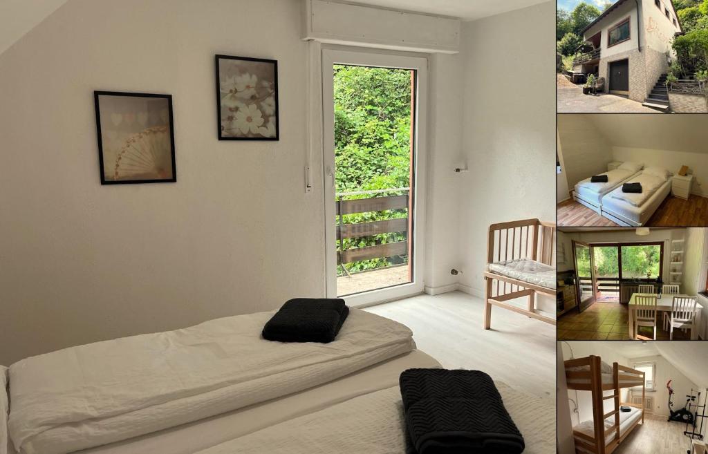 two pictures of a bedroom with a bed and a window at Ruhiges Ferienhaus in Burgnähe in Cochem