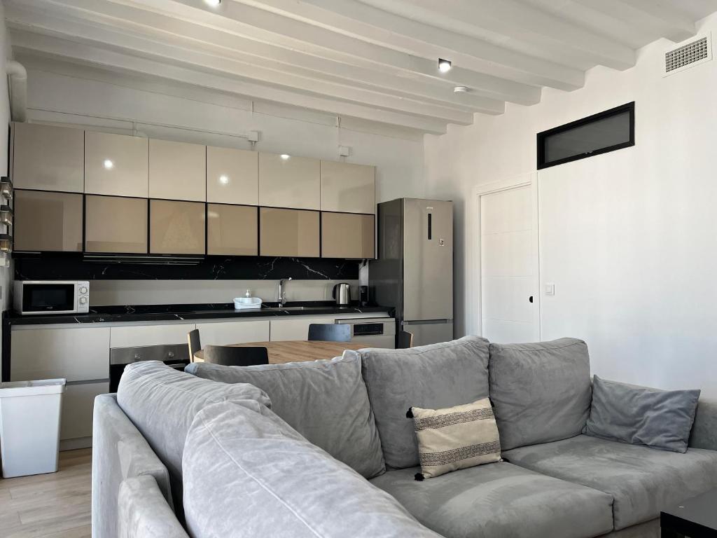 ein Wohnzimmer mit Couch und Küche in der Unterkunft Plaza Libertad Grupo AC Gestion in Cádiz