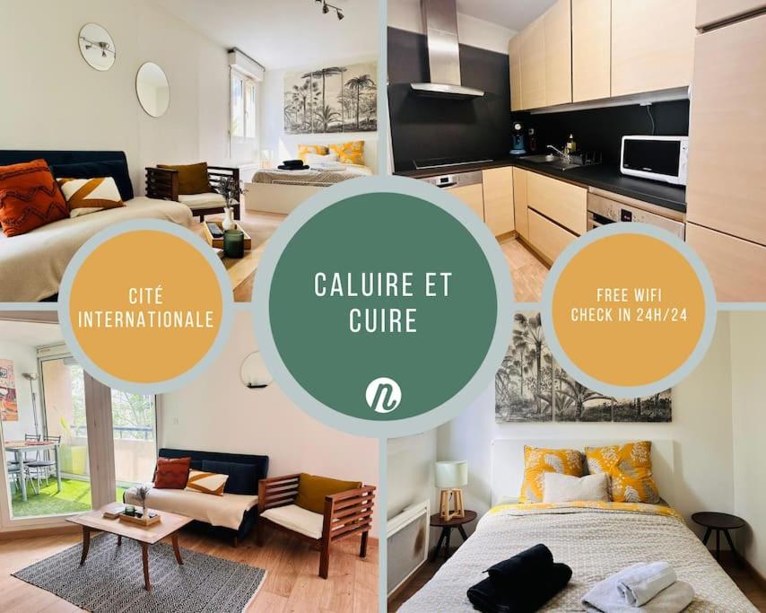 un collage de photos d'une chambre et d'un salon dans l'établissement Appartement douillet et confortable, à Caluire-et-Cuire