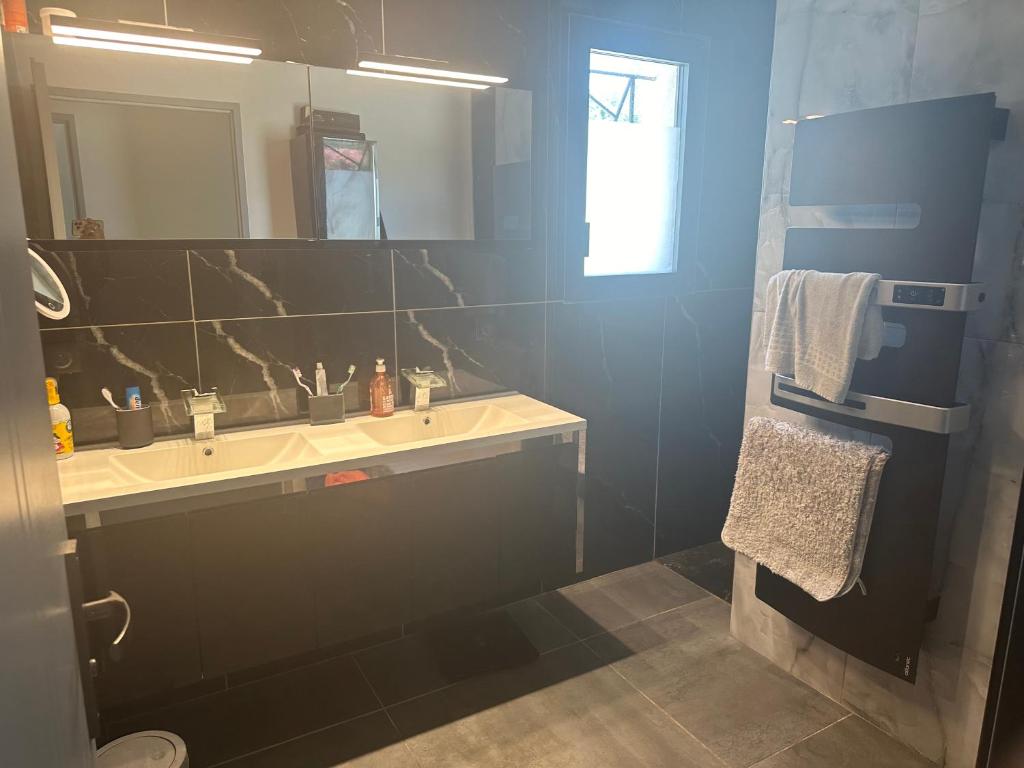 une salle de bain avec un lavabo et un miroir dans l'établissement Villa avec piscine, à Rochefort-du-Gard