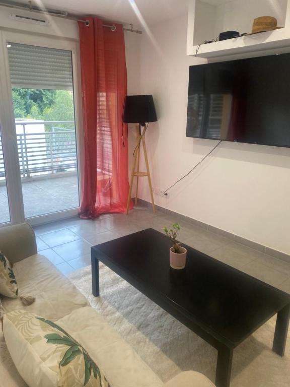 ラ・トリニテにあるappartement idéalement situéのソファとコーヒーテーブルのあるリビングルーム