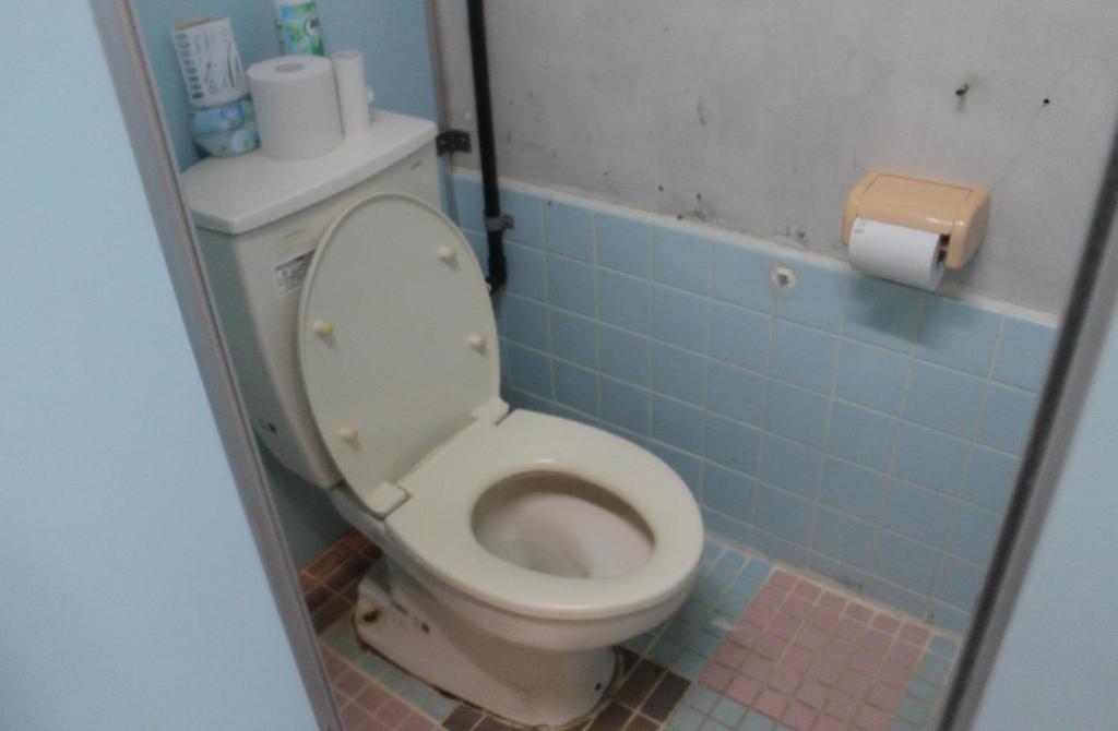 a bathroom with a toilet in a blue tiled room at やどバンブー in Hateruma