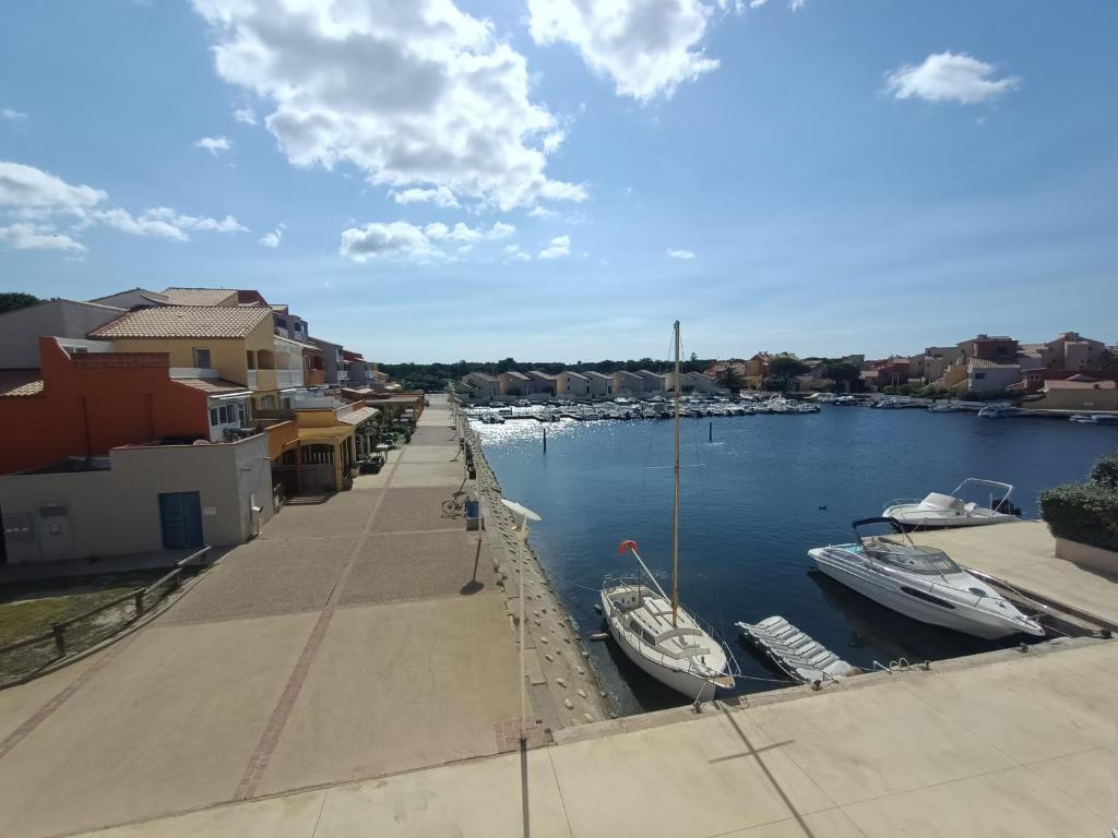 deux bateaux sont amarrés dans un port de plaisance sur l'eau dans l'établissement Studio confortable avec climatisation et animaux acceptés au Barcarès - FR-1-799-46, au Barcarès