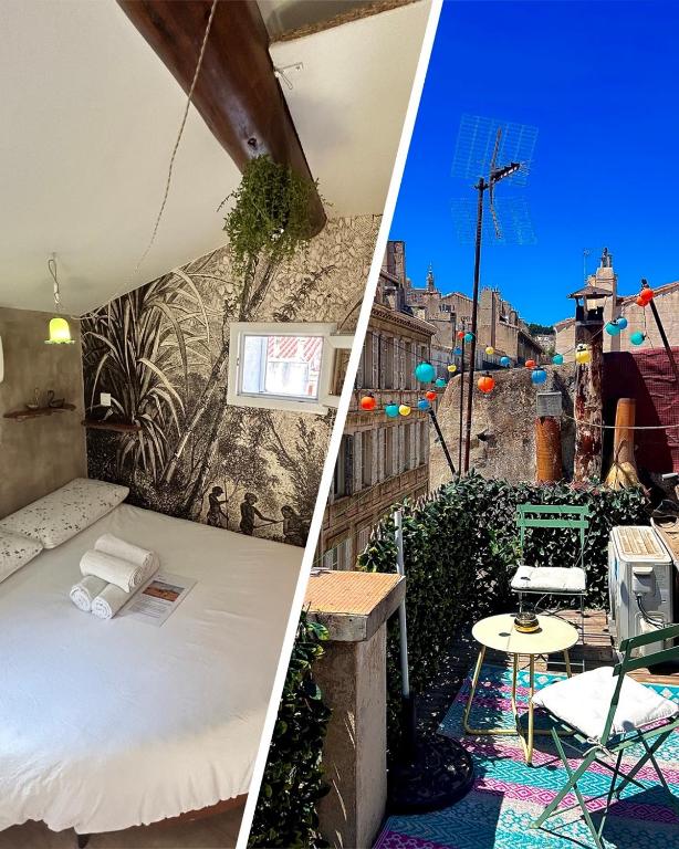 Cette chambre dispose d'un balcon avec un lit et une table. dans l'établissement Jungle Spa, à Marseille