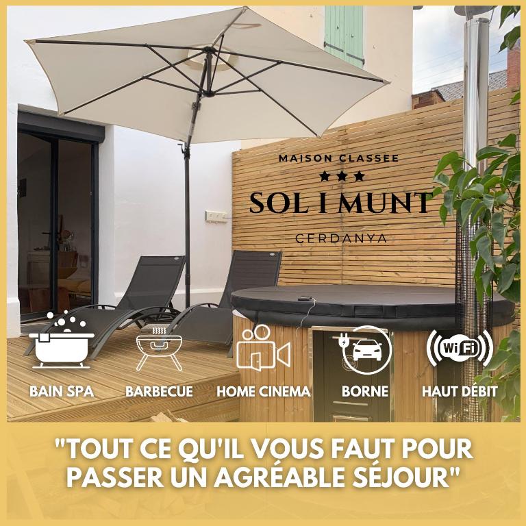 Un cartel de un restaurante con una mesa y una sombrilla. en Sol i Munt Cerdanya, en Enveitg