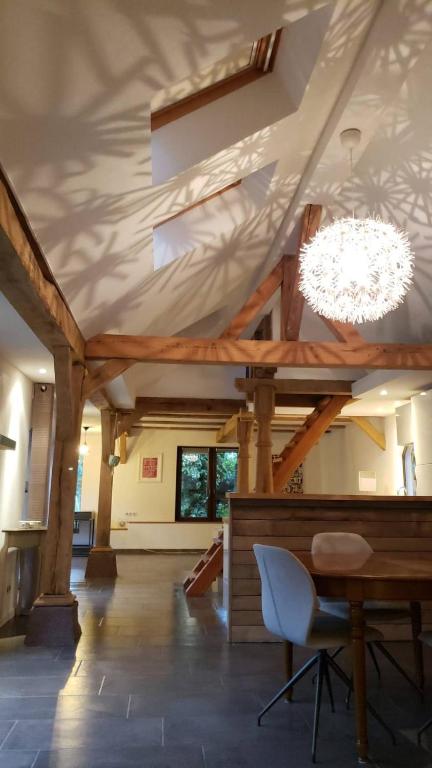 Cette grande chambre est dotée d'un plafond avec un lustre. dans l'établissement gîte au jardin romantique pour 2 personnes, à Langensoultzbach