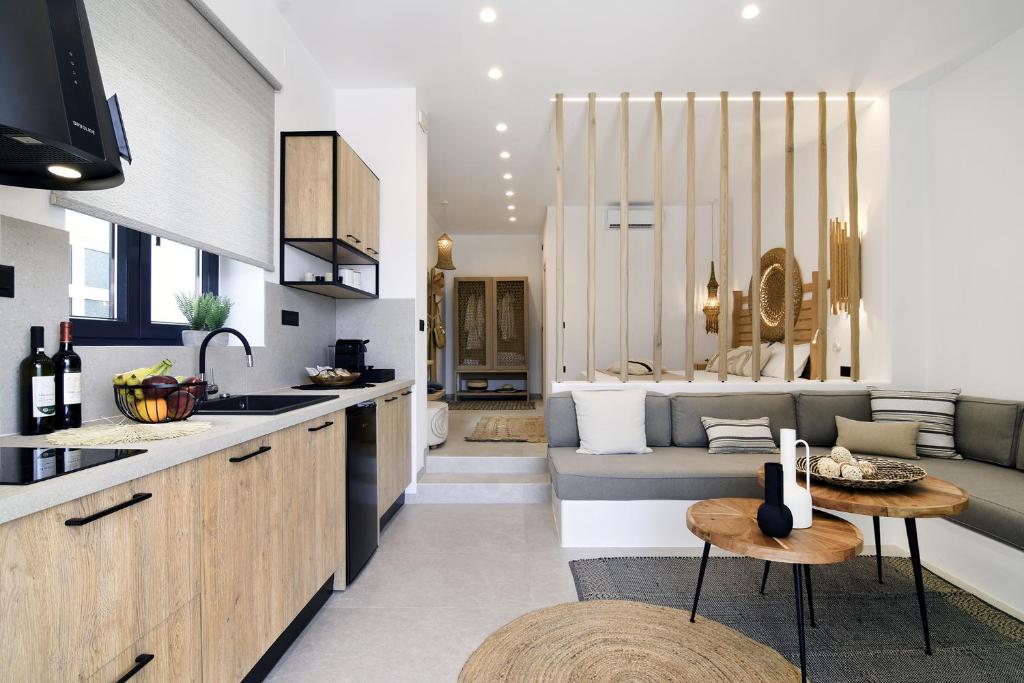 a kitchen and living room with a couch at Gemilos Harmony in Adamas