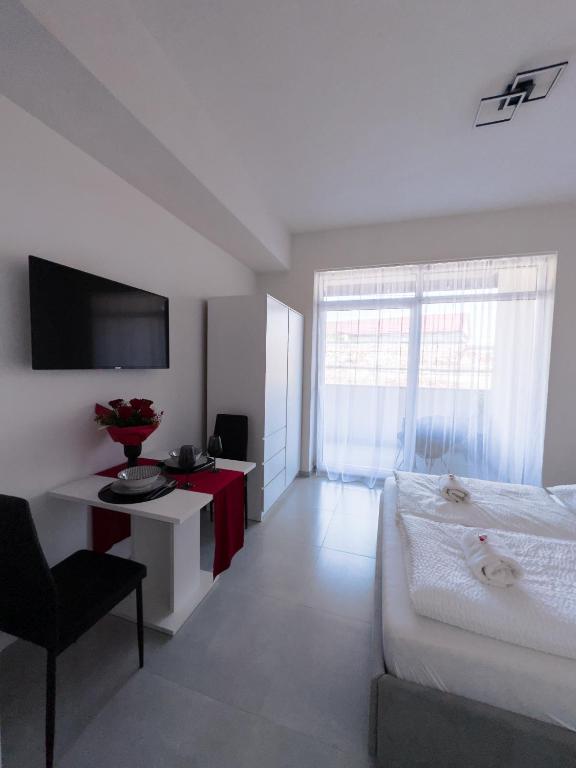 a bedroom with a bed and a desk and a television at Silver Moon Residence 1 in Arad