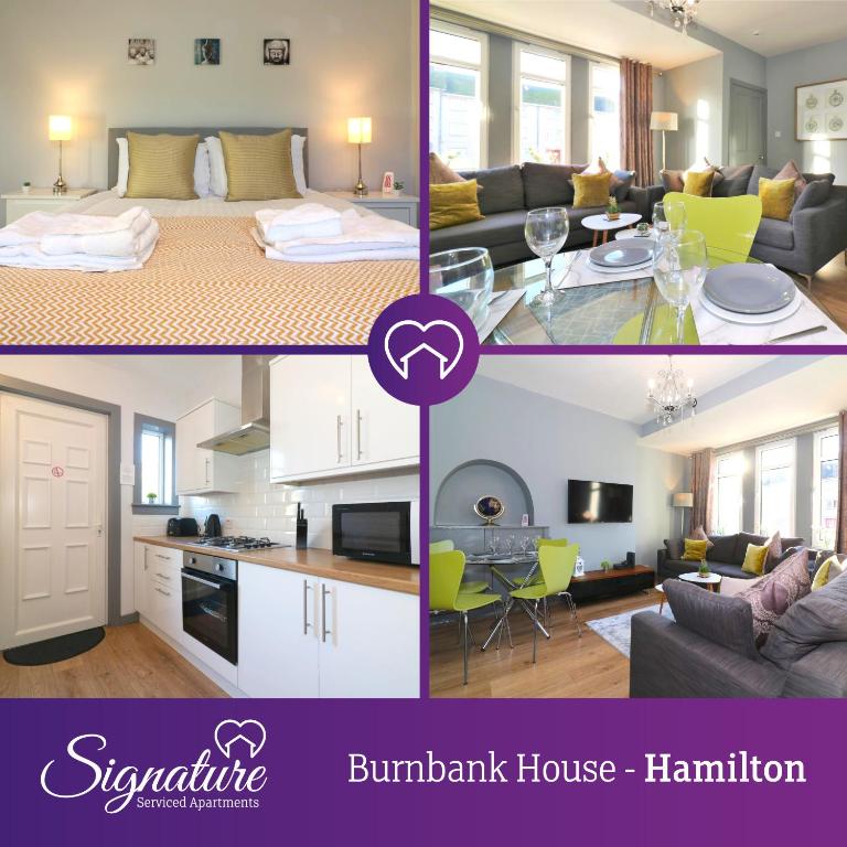 a collage of photos of a living room and a bedroom at Signature - Burnbank House in Hamilton