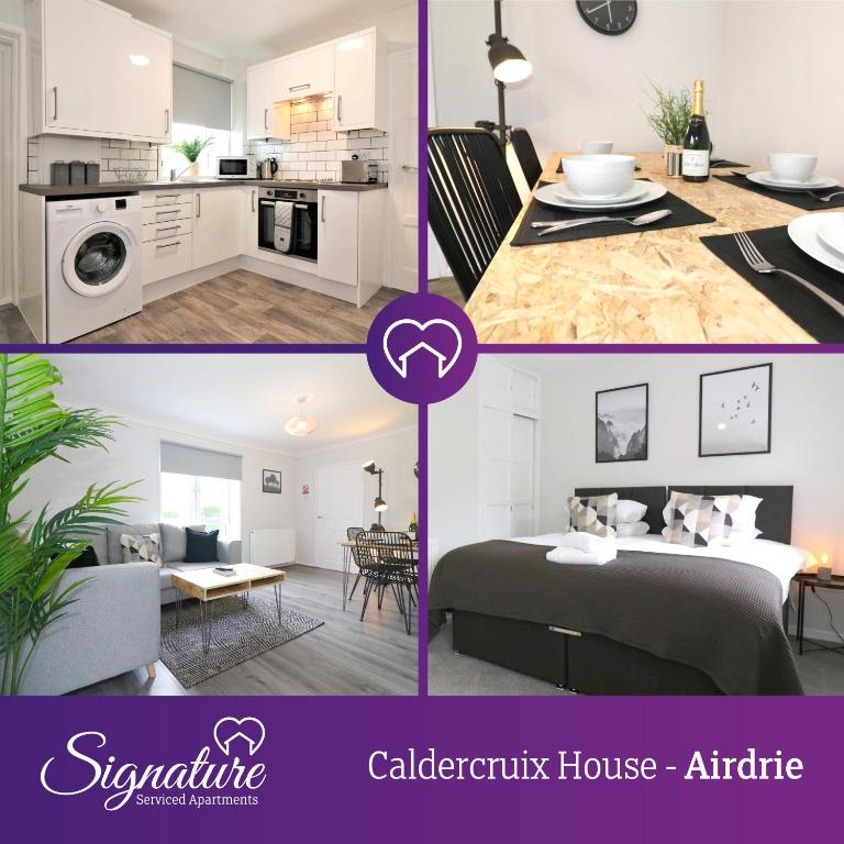 a collage of two pictures of a white apartment at Signature - Caldercruix House in Caldercruix