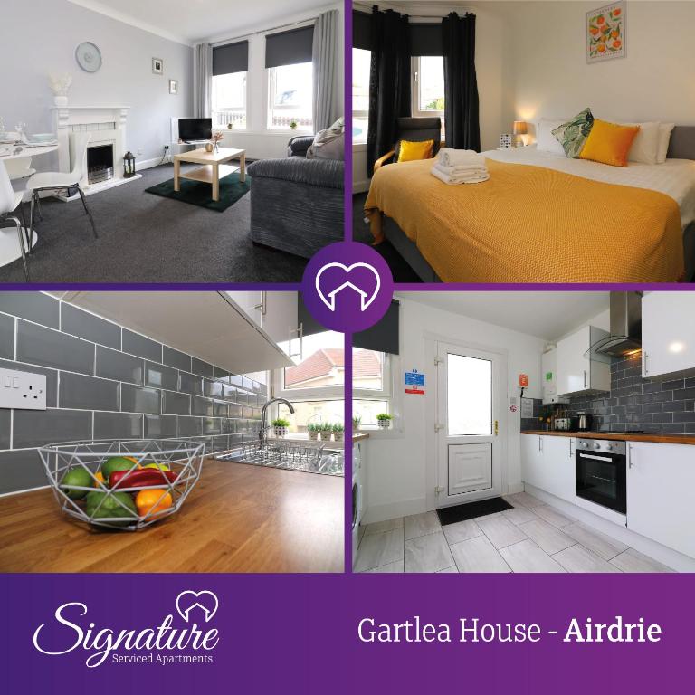 a collage of two pictures of a bedroom at Signature - Gartlea House in Airdrie