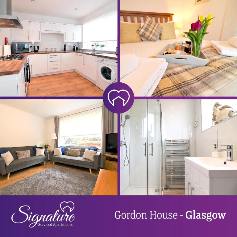 a collage of photos of a kitchen and a living room at Signature - Gordon House in Glasgow