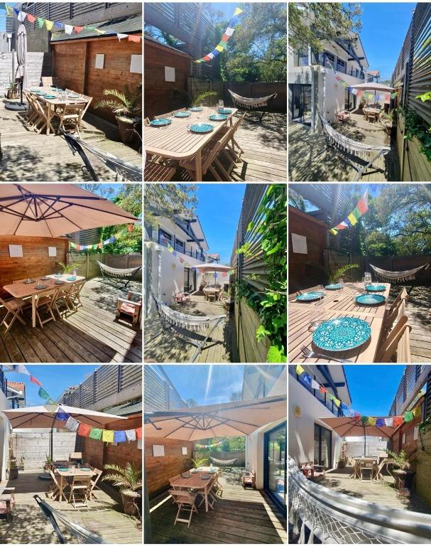 un collage de photos avec des tables et un parasol dans l'établissement Maison de famille à 300m de la plage, à Labenne